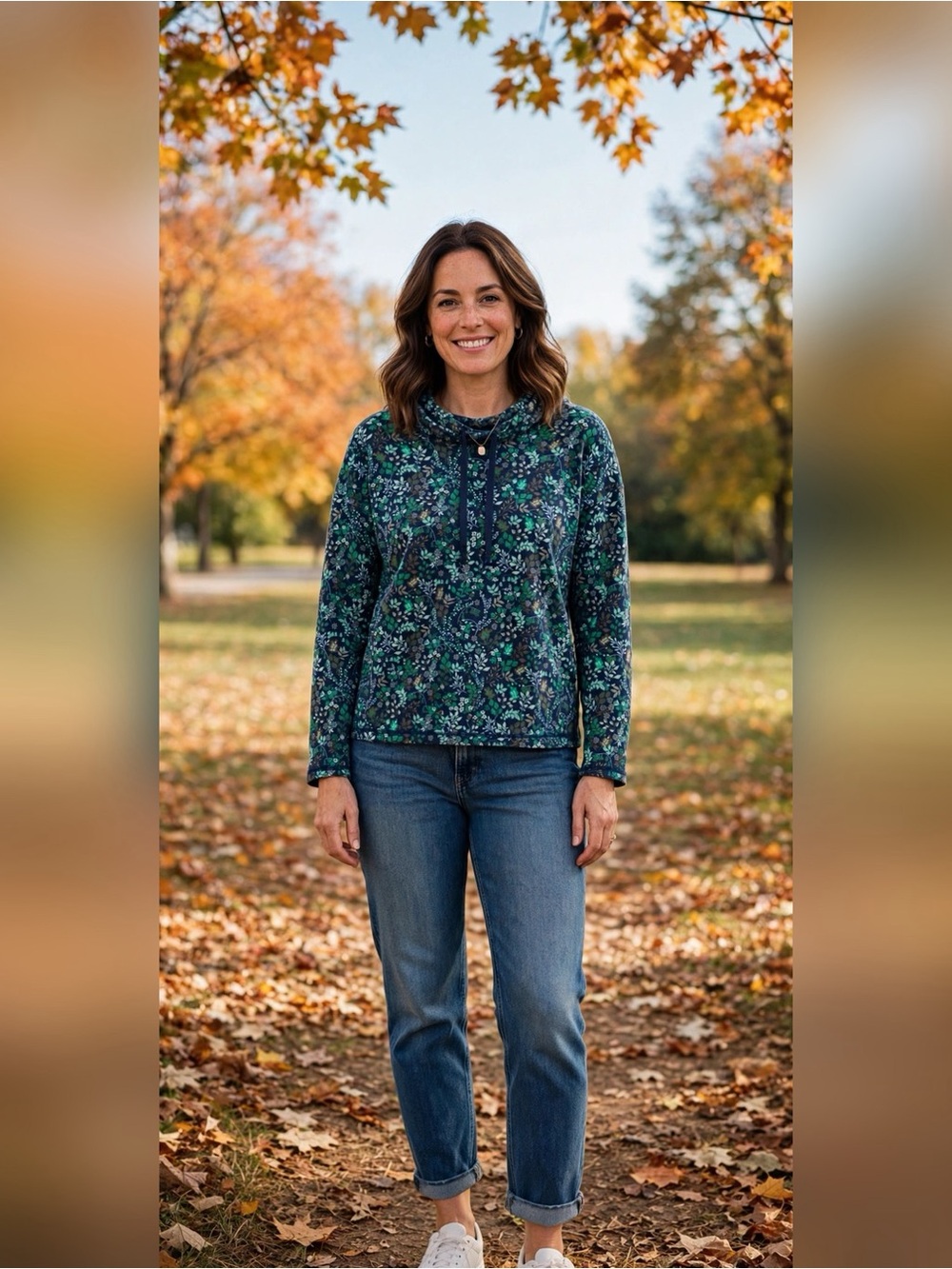 TALBOTS FLORAL COWL NECK SWEATSHIRT NAVY GREEN BOTANICAL PULLOVER COTTAGECORE M